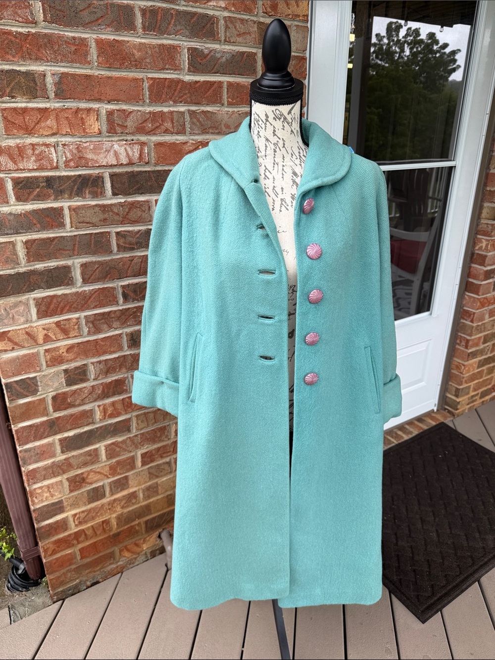 Vintage 1950’s 1960’s Seafoam Wool Swing Coat with Decorative Mauve Buttons